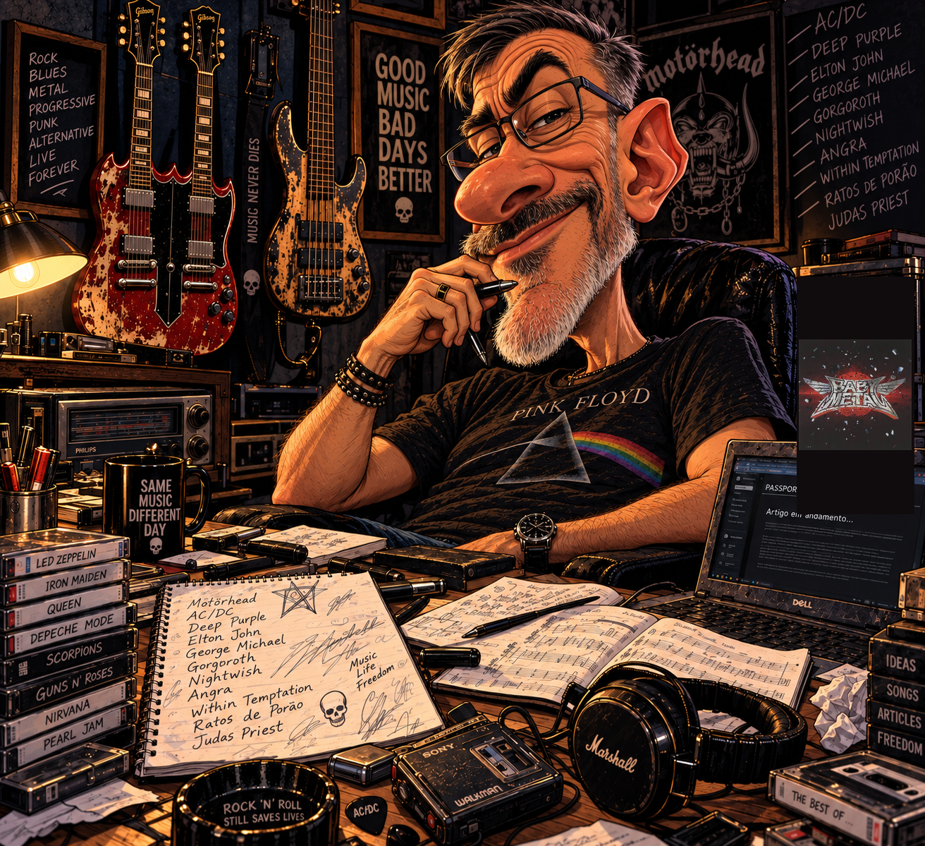 Mr. Nomad na oficina musical da Passport Radio, cercado por guitarras, discos e histórias