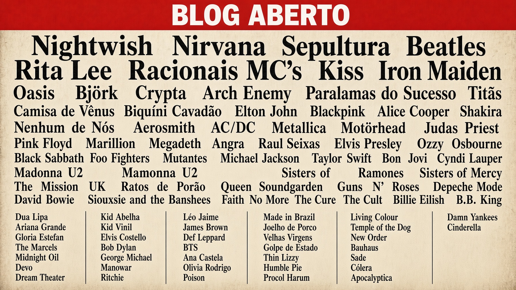 Capa do Blog Aberto entregue pelo Mr. Nomad: nomes de artistas e bandas do acervo.