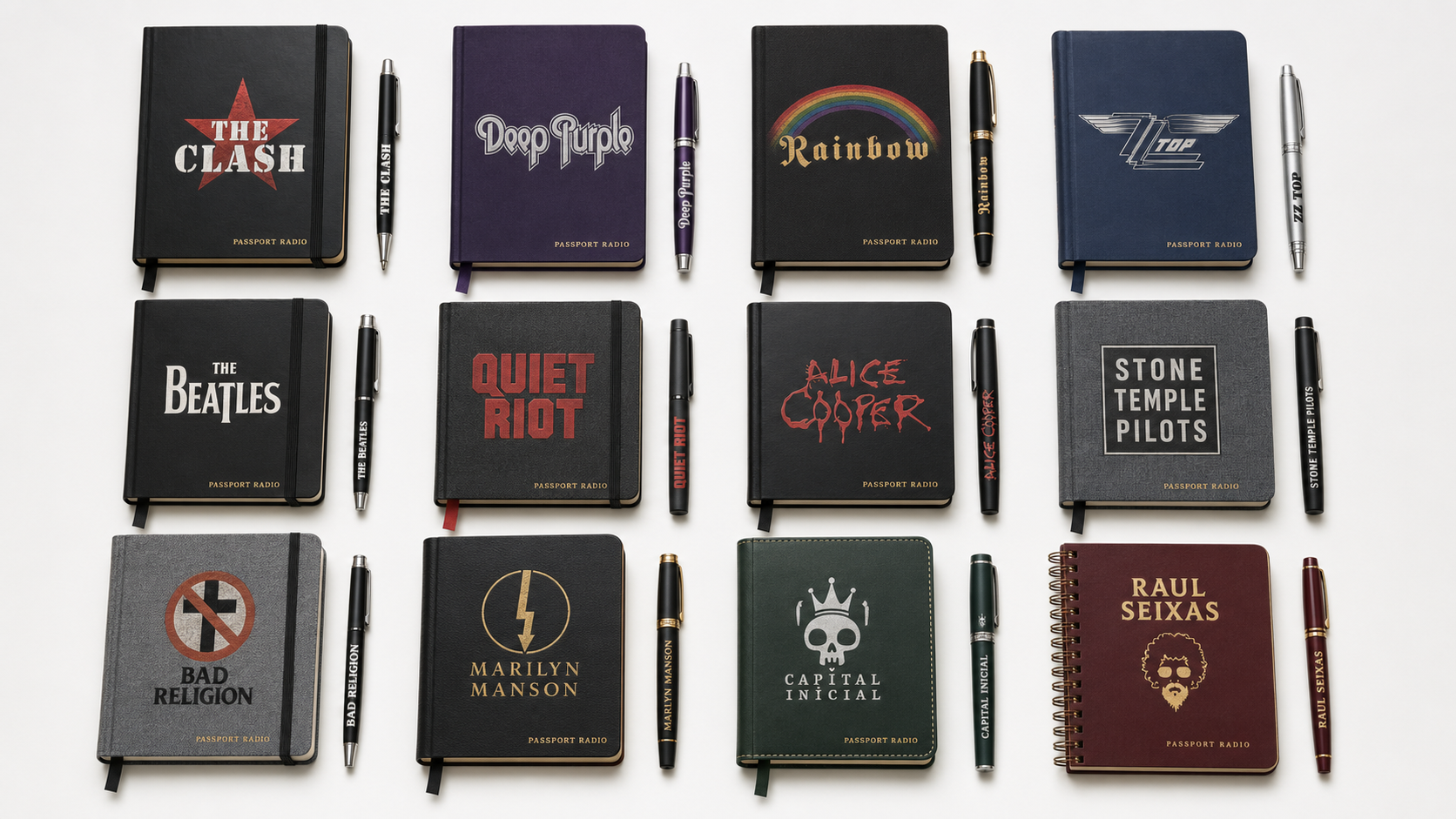 Cadernos e canetas personalizados com bandas e Passport Radio