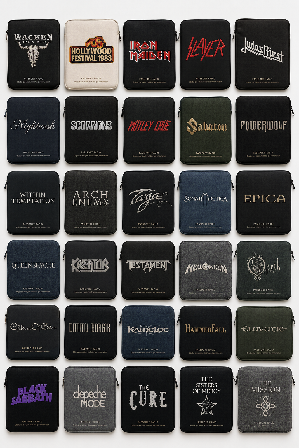 Capas acolchoadas para notebook e tablet com bandas e festivais