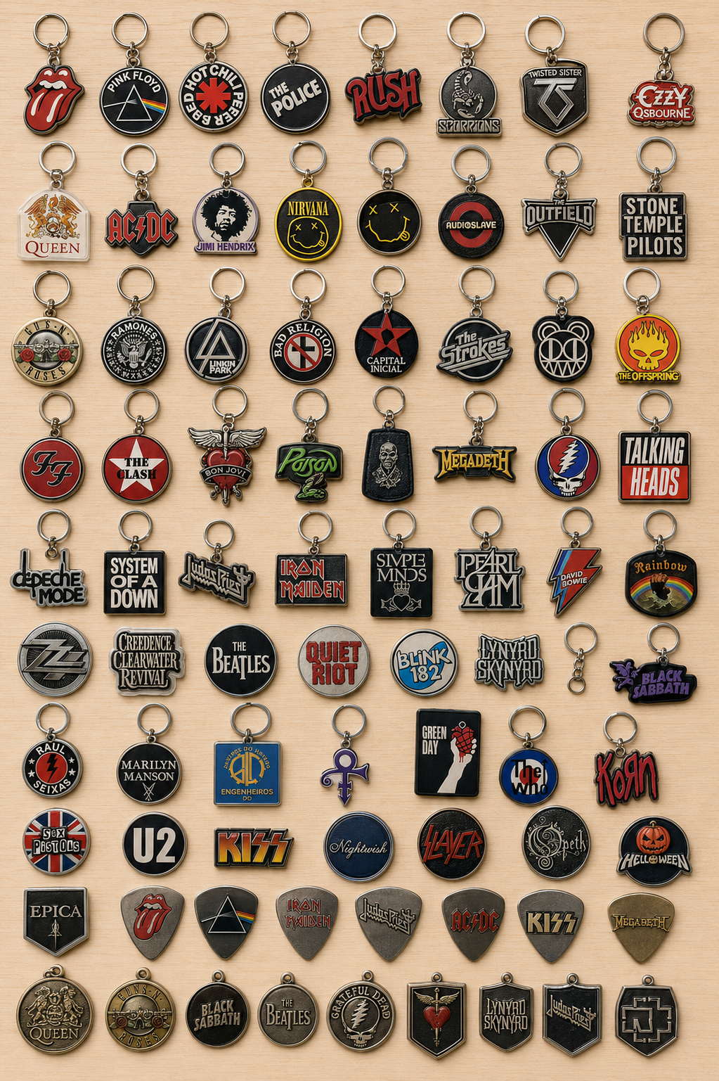 Coleção completa de chaveiros, carteiras e acessórios de bandas