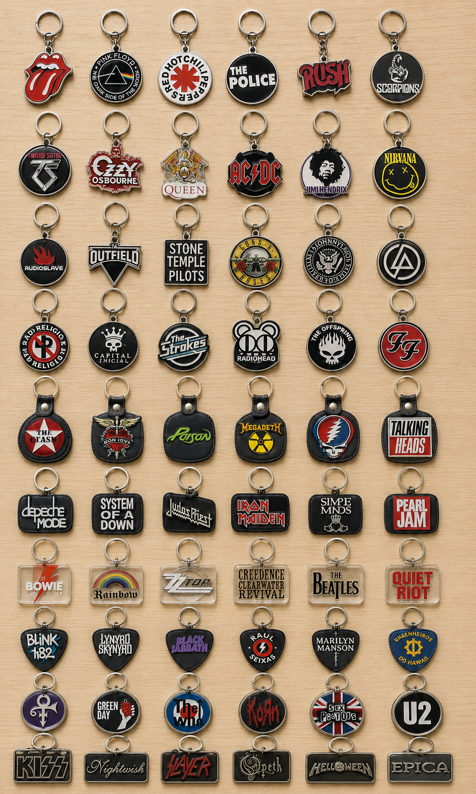 Coleção premium de chaveiros de metal, couro, acrílico e palhetas