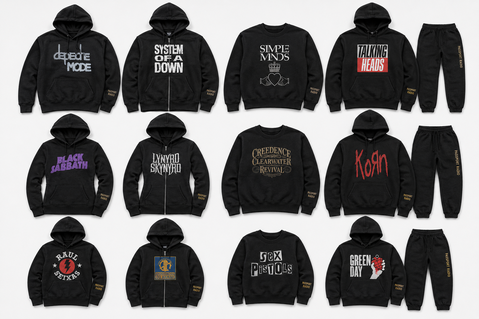 Moletons, blusas e conjuntos pretos com identidades de bandas